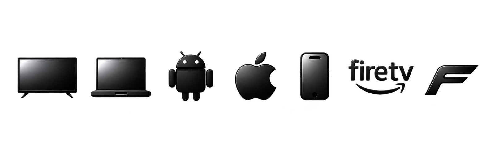 Glossy black TV, laptop, Android, Apple, phone, Fire TV and Formula 1 device icons