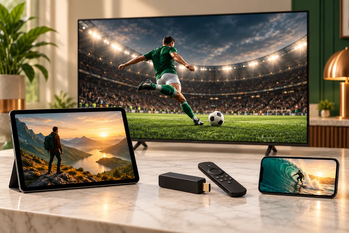 IPTV UK compatible devices including Smart TV, streaming stick, tablet and phone