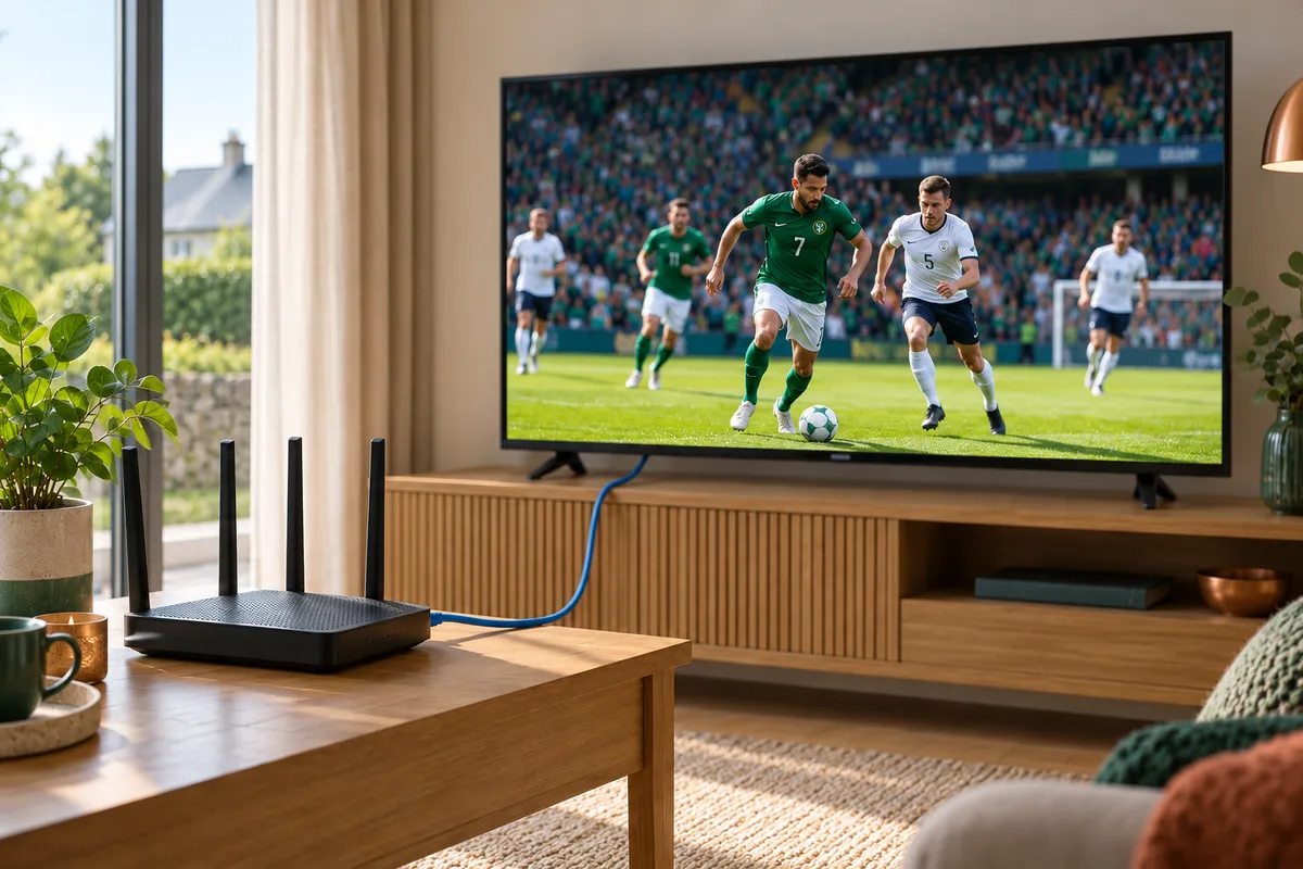 IPTV UK home broadband router connected to a television showing football
