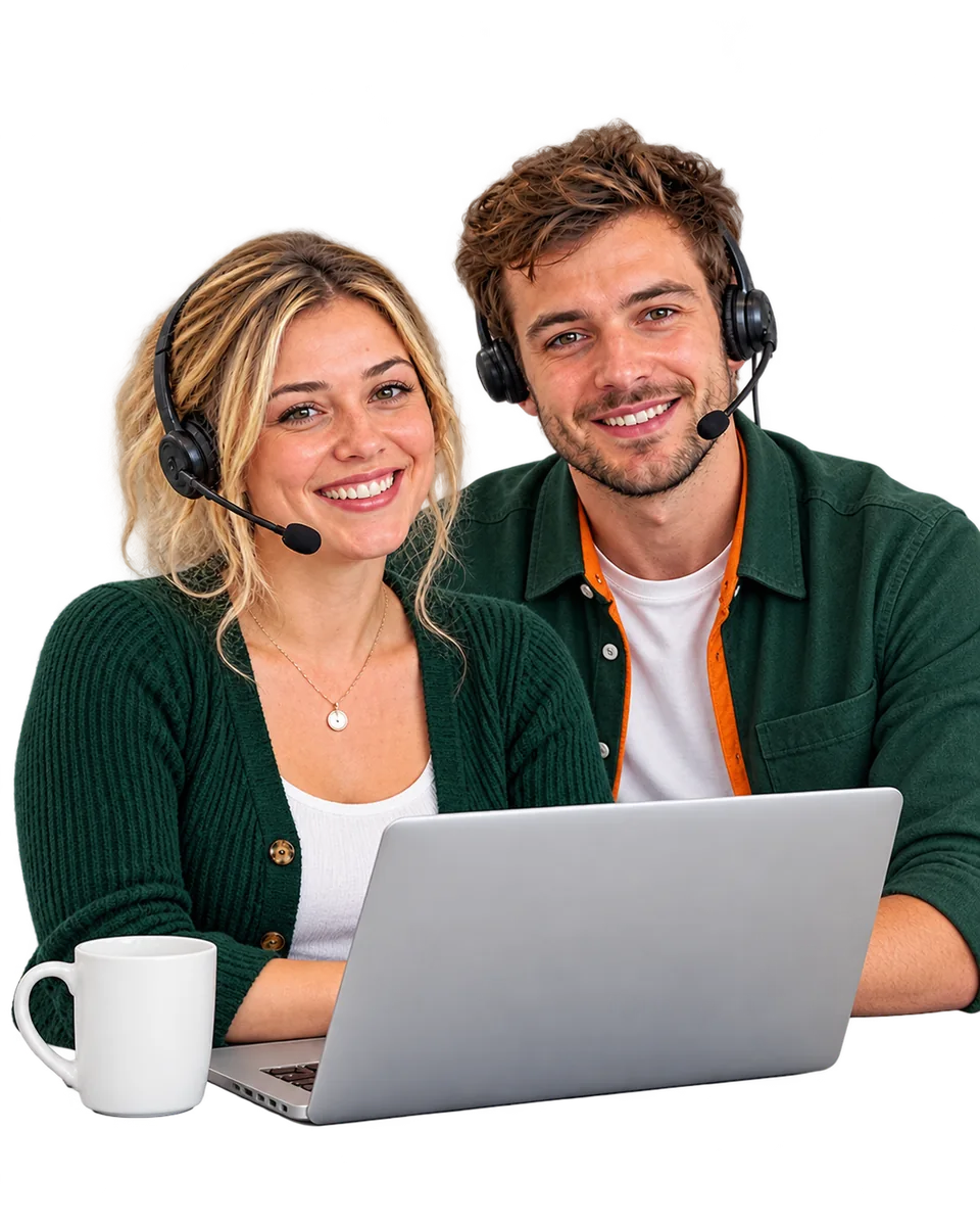 Two support representatives wearing headsets, ready to help
