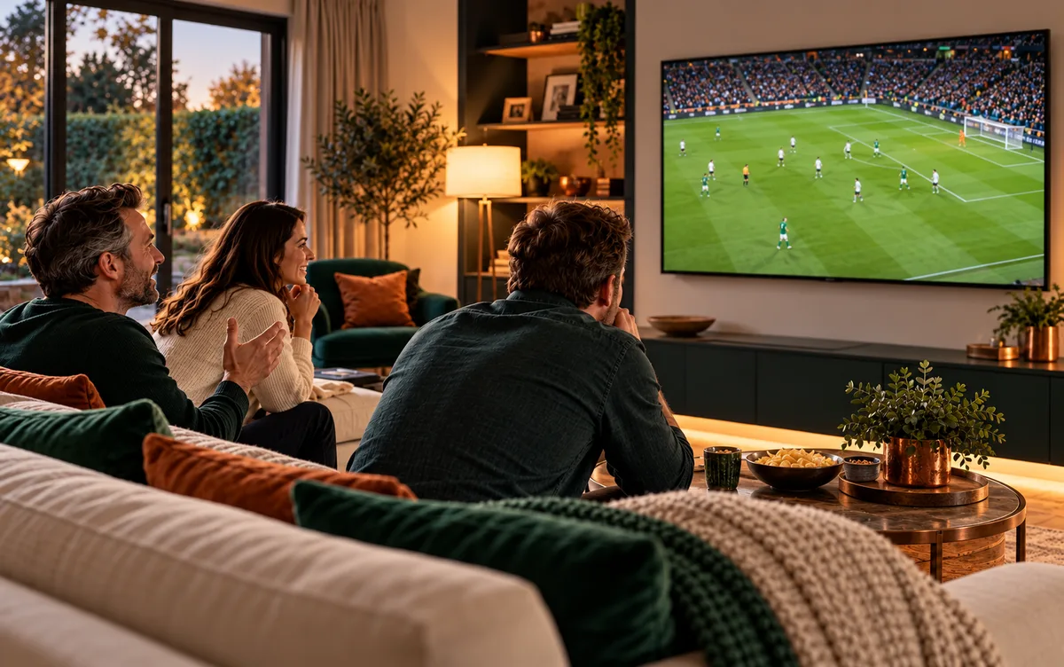 Three adults watching a football match together in a living room