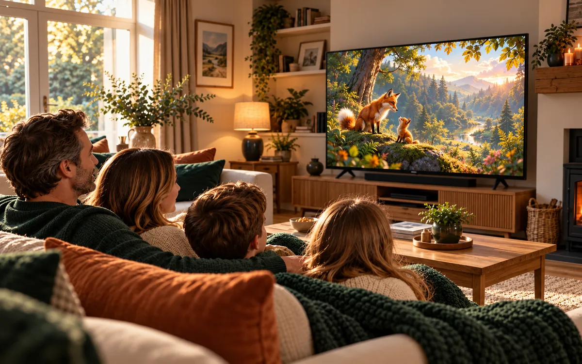 A family watching an original animated woodland scene on television