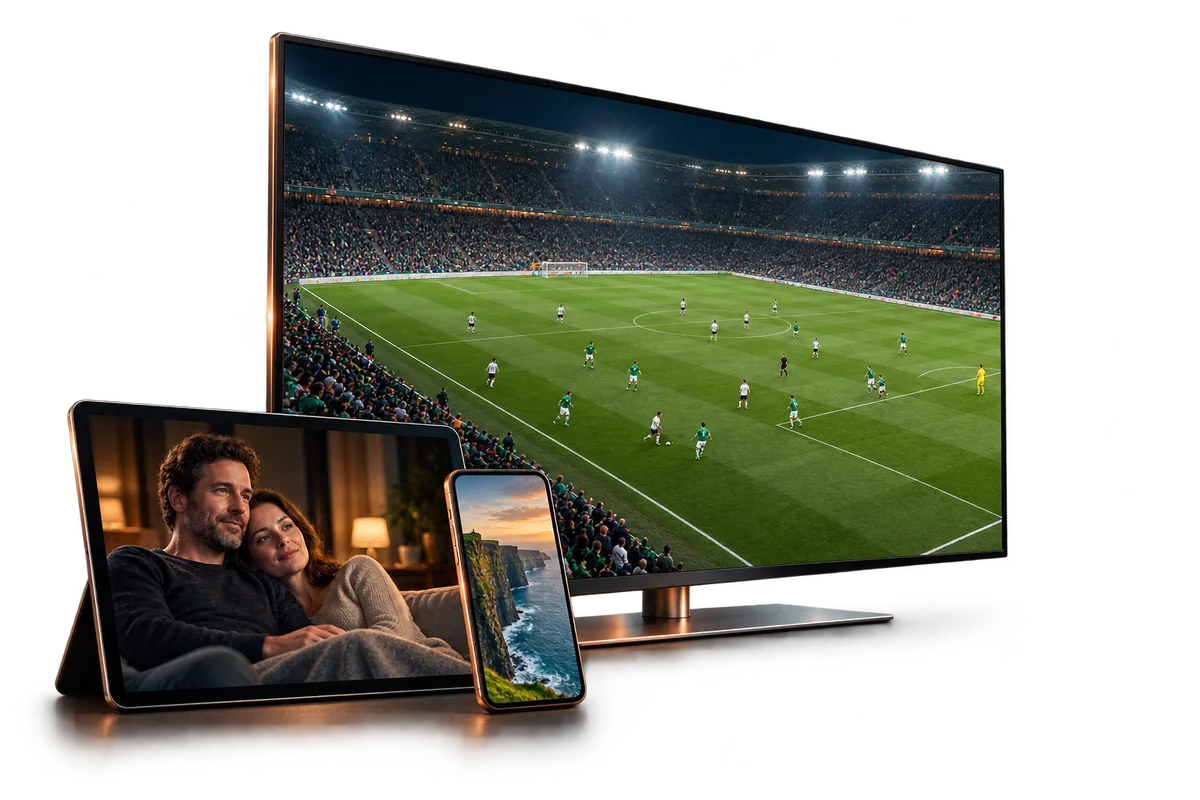 Football on a television, a film on a tablet and a nature programme on a phone