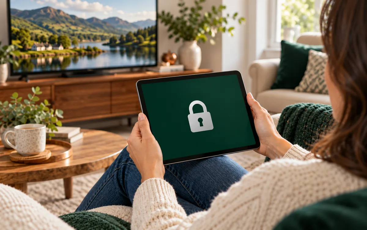 A person holding a tablet with a padlock illustration on its screen